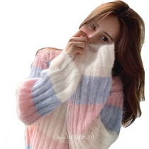 2021 Autumn Korean version rainbow striped loose lazy style sweater Japanese style super fairy mid-length mohair sweater for women