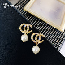 Pearl earrings women 925 sterling silver temperament South Korea 2021 new diamond-set double c stud earrings small fragrance net red face thin