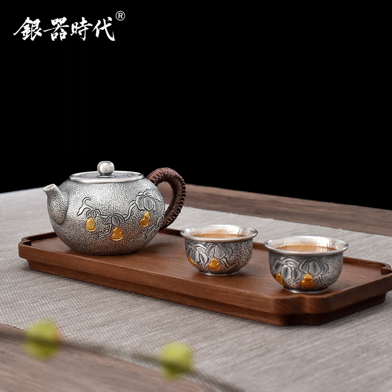 Silver Age Gourd-Shaped Fulu Silver Kettle 999 Pure Silver Water Boiling Kettle Tea Brewing Pot Complete Tea Set Gift Box Silver Age Gourd-Shaped Fulu Silver Kettle 999 Pure Silver Water Boiling Kettle Tea Brewing Pot Complete Tea Set Gift Box
