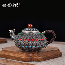  Silver age Sterling silver 999 Fengshou teapot Handmade filigree refined cooking teapot Household tea ceremony tea set Silver pot