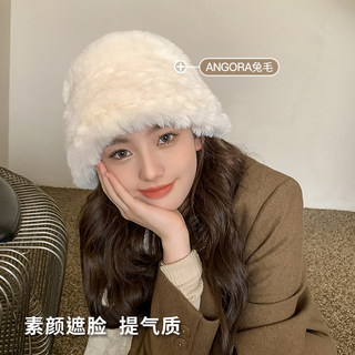 敲好看~兔毛渔夫帽女韩系秋冬百搭素颜遮脸盆帽保暖毛绒水桶帽子
