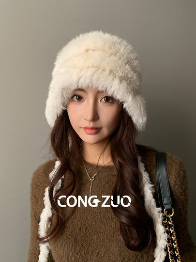 『从佐』兔毛混纺帽子女冬季大头围显脸小毛绒针织护耳新款包头帽