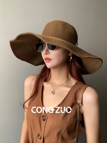 Designer high-definition large brim straw hat for women summer sun protection fisherman hat folding straw hat sun hat