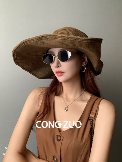 Designer high-definition large brim straw hat for women summer sun protection fisherman hat folding straw hat sun hat