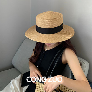 草帽女夏季出游海边平顶礼帽遮阳防晒防紫外线气质大头围法式帽子