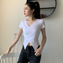 Umbilical t-shirt female jazz dance high waist summer v-neck ultra-short hip-hop black short-sleeved tight prom top