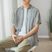 Linen short-sleeved Chinese shirt mens summer thin loose casual fold mid-sleeve cotton linen shirt coat
