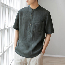 Stand neck linen shirt mens summer loose seven points short sleeve casual clothes cotton linen Half sleeve shirt