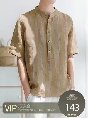 Linen T-shirt men's five-point short sleeve summer thin 7-point half-sleeve clothes loose cotton linen collar stripes