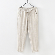 Summer mens Breathable linen pants loose straight nine long pants beach elastic pants cotton linen thin casual