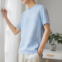 Linen short sleeve mens T-shirt summer thin collar casual loose size Chinese cotton linen shirt shirt