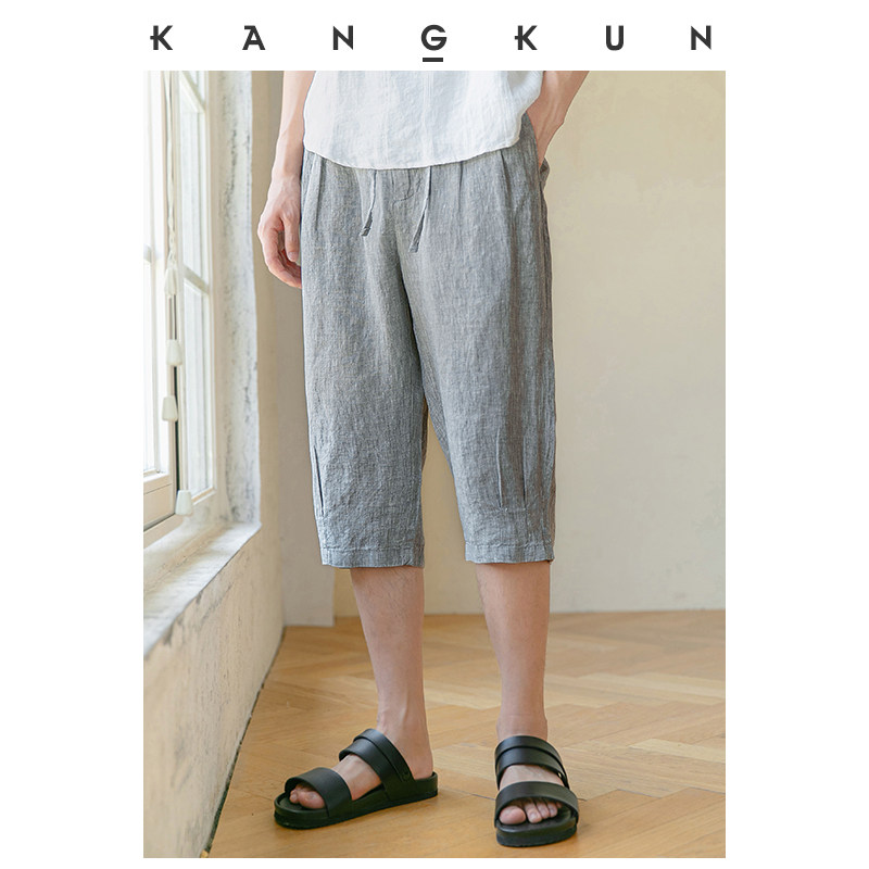 Pure linen pants men 7 points short pants Summer thin style Loose Straight Barrel Casual China Wind Cotton Linen 7 Pants
