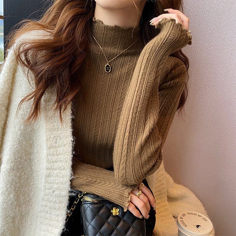 Half-Turtleneck Base Shirt for Women, Autumn and Winter, High-End Feel, 2026 New Style Knitwear, Coffee-Colored Sweater with Ruffled Edges, Inner Layer Top Half-Turtleneck Base Shirt for Women, Autumn and Winter, High-End Feel, 2026 New Style Knitwear, Coffee-Colored Sweater with Ruffled Edges, Inner Layer Top
