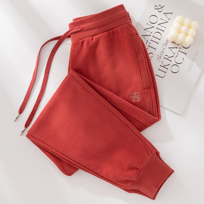 Brick Red Sweatpants for Women, Spring and Autumn, Jogger Style, Loose Fit, High Waist, Fleece-Lined, Petite Size, Cropped Length, Cotton Casual Sweatpants
