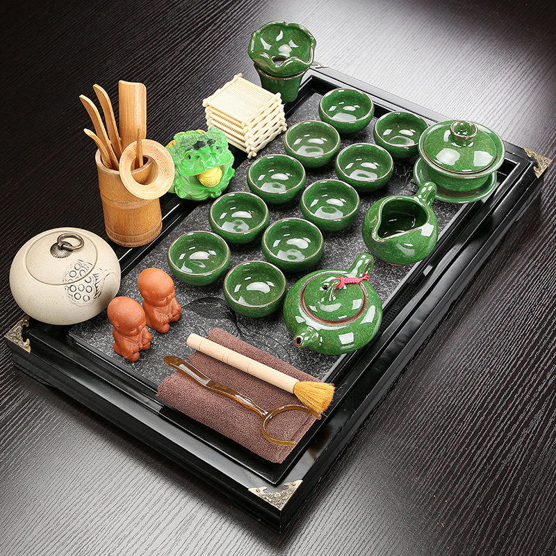Ice crack ceramic kung fu tea set household solid wood drink tea plate sea plate simple stainless steel asphalt set of tea cup