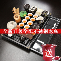 Purple sand ceramic tea set set Stainless steel chassis storage and drainage solid wood tea tray Household drain tray Tea table living room