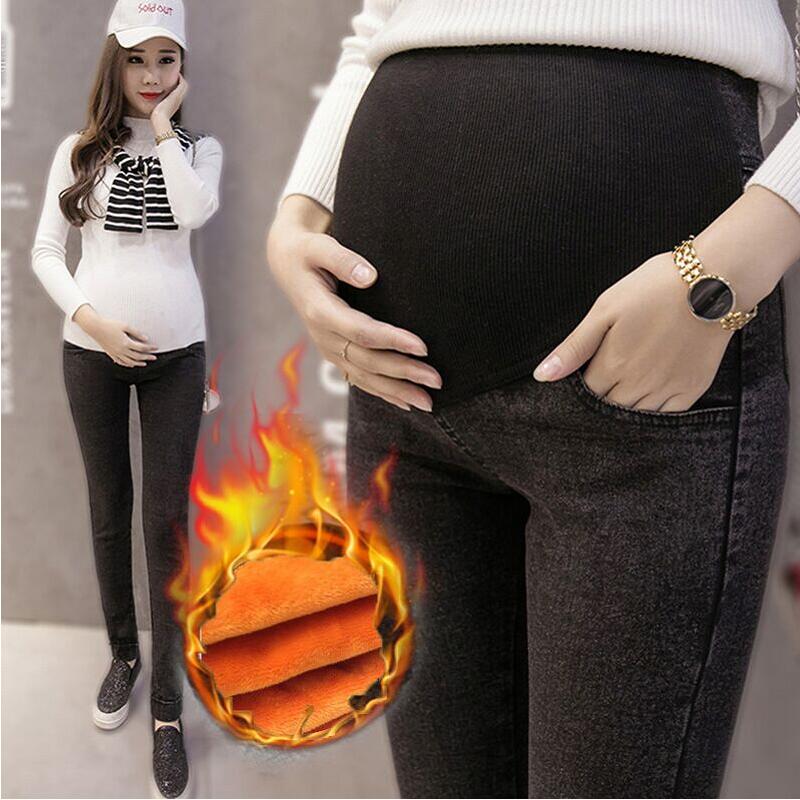 Pregnant Woman Jeans Autumn winter Outer wear Warm Pants Pregnant Woman Pants Autumn Winter Clothing Tidal Moms Add suede thickened Abdominal Trousers