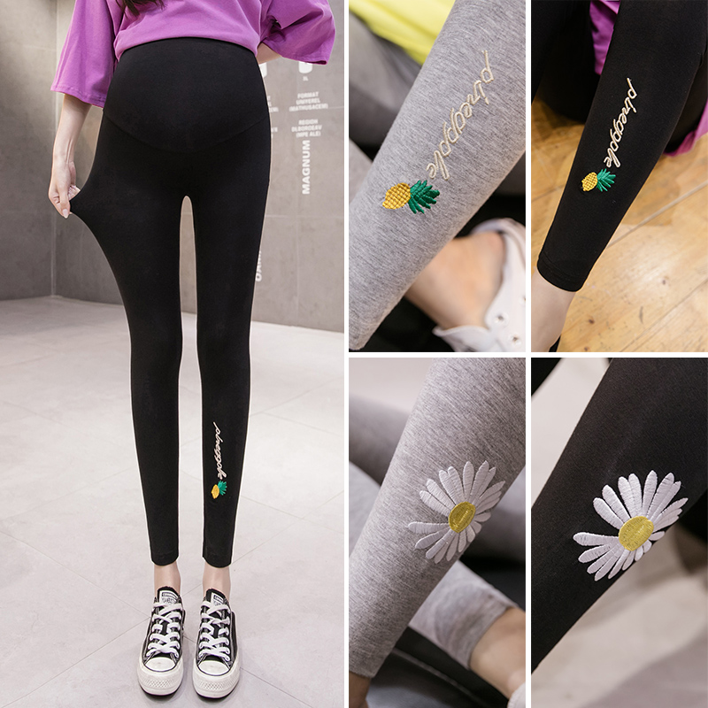 The new summer Modal maternity leggings 2021 fashion little Daisy embroidered nine quarter pants slim and comfortable thin