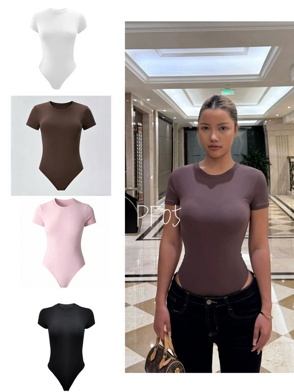 Pf05.Skims Fits Round Neck Short-Sleeved Jumpsuit, Same Style as Jennie, Sports Tight-Fitting Shapewear Jumpsuit