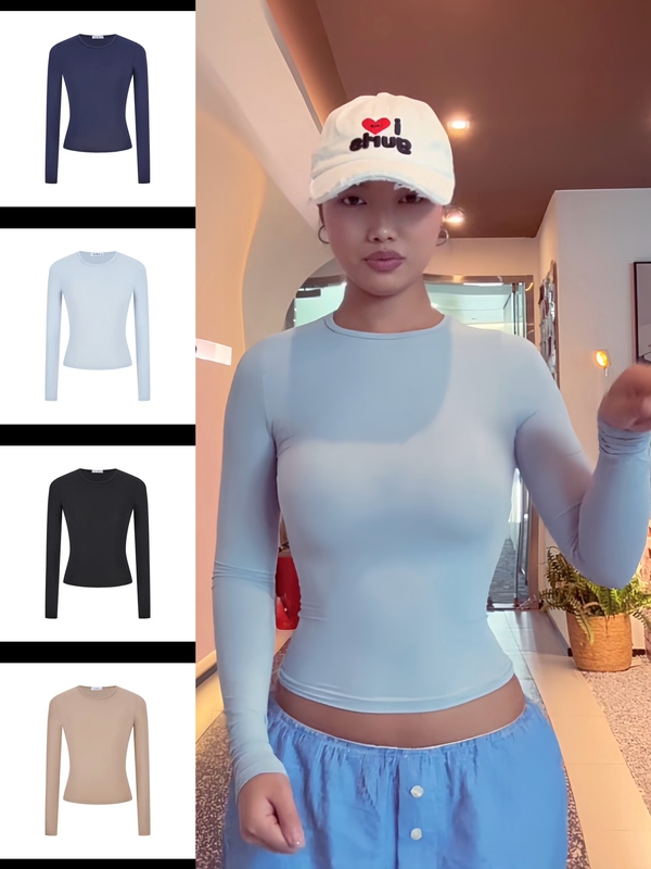 Pf05 Kardashian Style Shoulder-Baring Long-Sleeve Slim-Fit Quick-Dry Round-Neck Tight-Fitting Slimming Base Shirt