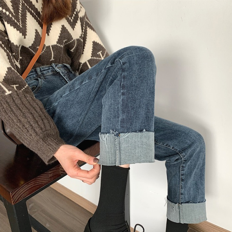 High waist curl straight cylinder Jeans Woman Loose 2022 Spring autumn new broadleg Conspicuga Slim 100 hitch SMOKE PIPE PANTS