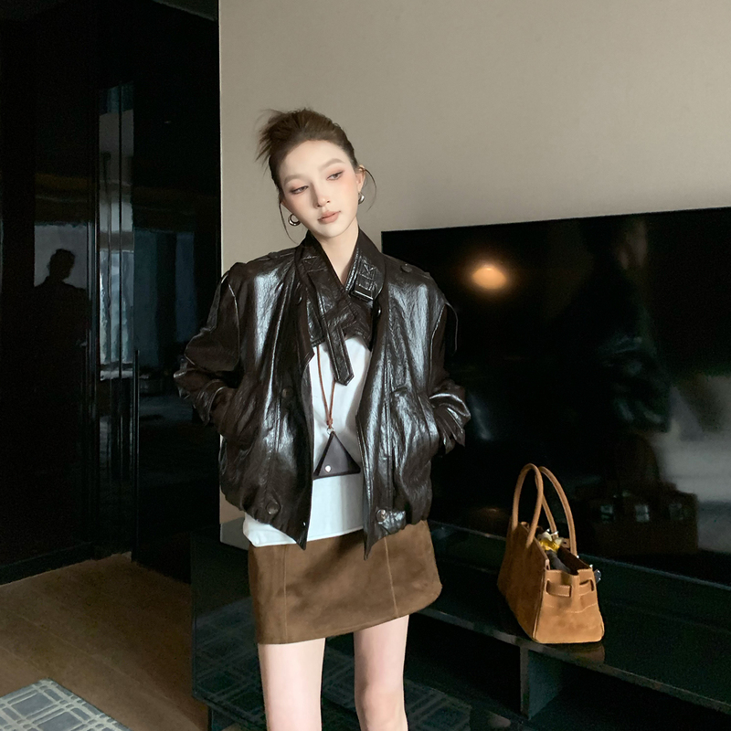 Jupiter Eira Stand-Up Collar Pu Leather Jacket Short Biker Jacket for Women Autumn Loose Casual Design Slimming Jupiter Eira Stand-Up Collar Pu Leather Jacket Short Biker Jacket for Women Autumn Loose Casual Design Slimming