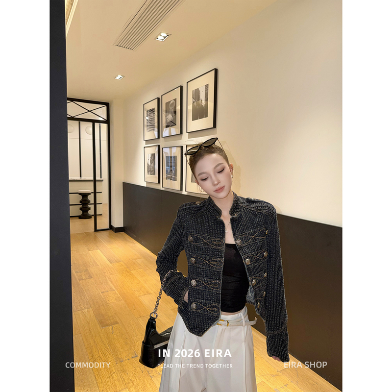 Jupiter Eira Napoleon Stand-Up Collar Double-Breasted Denim Jacket for Women, Short Autumn and Winter Vintage-Style Jacket Top Jupiter Eira Napoleon Stand-Up Collar Double-Breasted Denim Jacket for Women, Short Autumn and Winter Vintage-Style Jacket Top