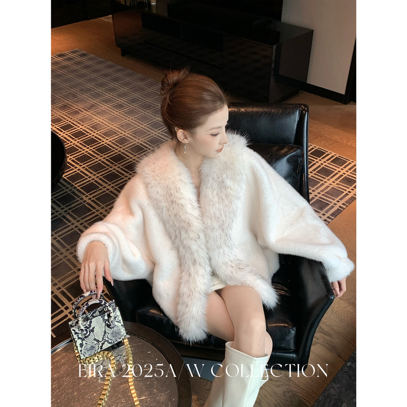 [Clearance Sale] Large Fur Collar Batwing Sleeve Faux Fur Coat for Women, Short, Loose, Lazy, Elegant Cardigan Coat