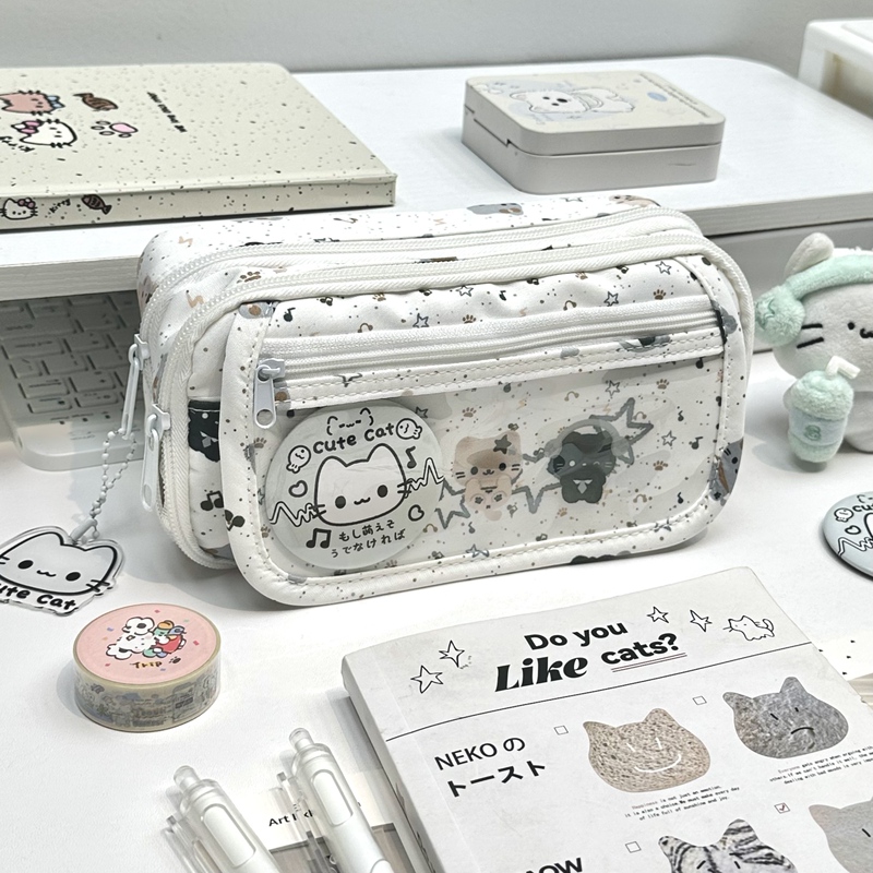 Cute Earphone Cat-Themed Pencil Case, High Aesthetic Value, Instagram-Style Student Pencil and Stationery Box, Large Capacity Stationery Bag