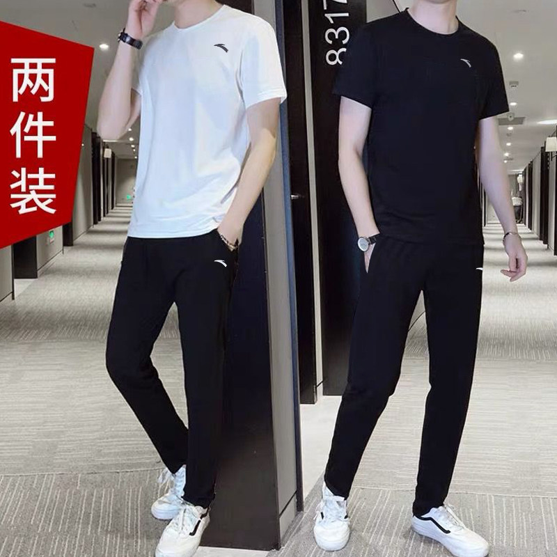 Ann Stepping Men's Suit Official Web Flagship Short Sleeve Long Pants Two Sets 2022 Spring New Breathable T-Shirt Bundle Foot Sports Pants