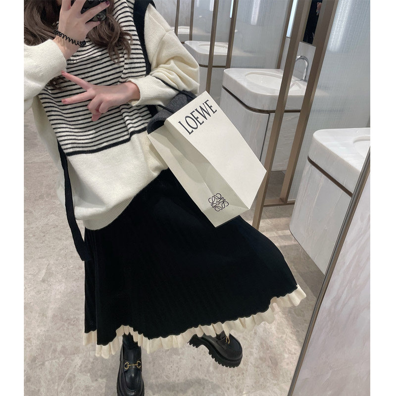 Contrast color ruffled knitted a-line skirt autumn and winter high waist pleated skirt winter with sweater small half skirt