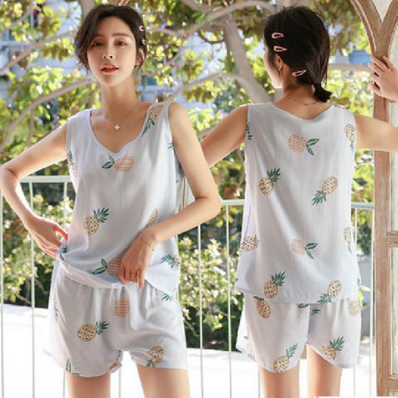 Pajama cô gái mùa hè bông cotton lụa bộ hai mảnh bộ mùa hè quần short mỏng phụ nữ lỏng lẻo dễ thương nhân tạo bông nhà quần áo