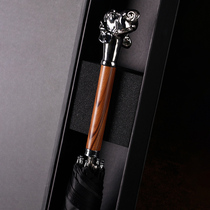 Animal dog head long handle umbrella reinforced windproof mens solid color large automatic umbrella business double wooden handle customization