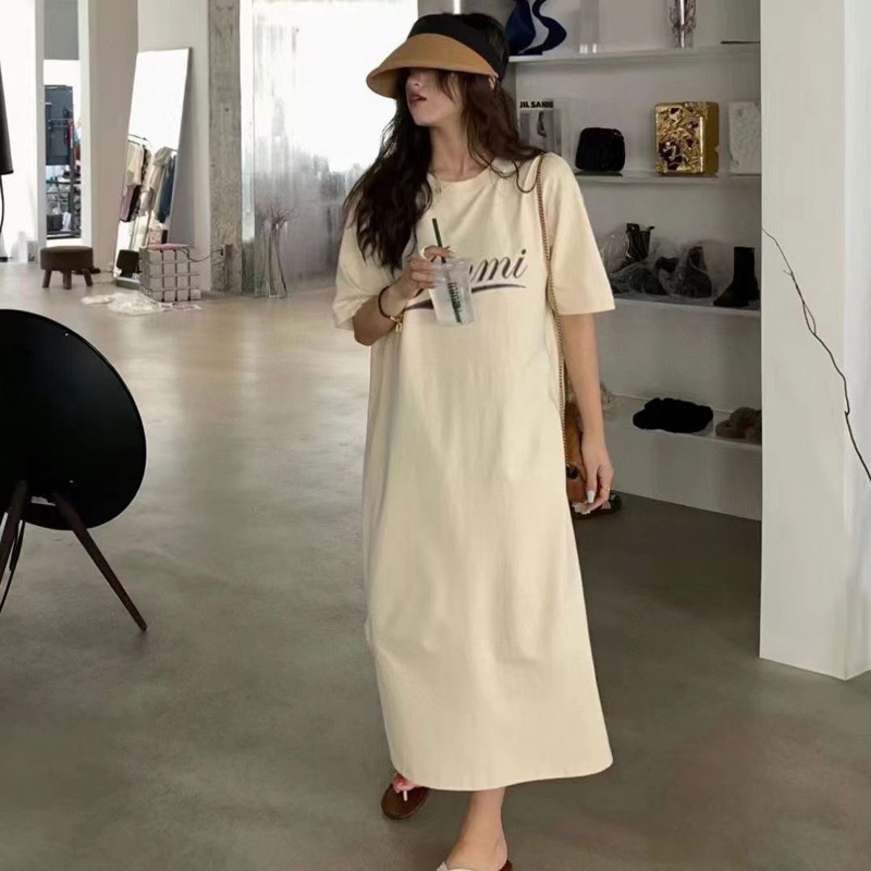 Retro Niche Mid-Length Over-The-Knee Short-Sleeved T-Shirt Dress for Women Summer New Loose Casual Pure Cotton Dress