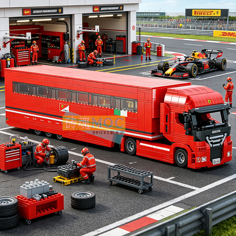 F1 Formula Racing Team Transporter Building Blocks Large Boy's Truck 10-Grid Car 8-Grid Car Model Toy Moc