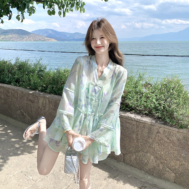 Mint Green Fresh and Elegant Chinese Style Printed Outfit for Women, 2026 Early Summer New Model, Beautiful and Stylish Top and Shorts Two-Piece Set