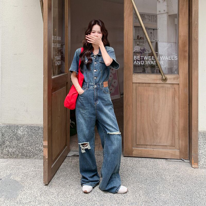 Korean Style Cool and Edgy Design Distressed Denim Jumpsuit for Women 2026 Summer New Trendy Street Style One-Piece Pants