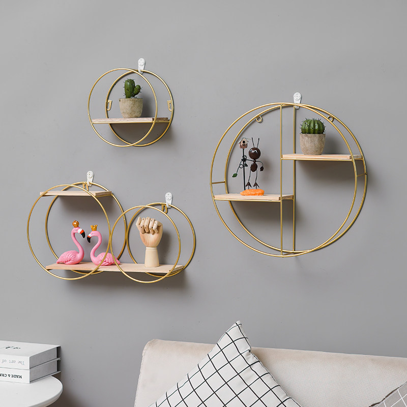 Nordic style wall shelf round golden wall decoration bedroom room wall creative combination display shelf