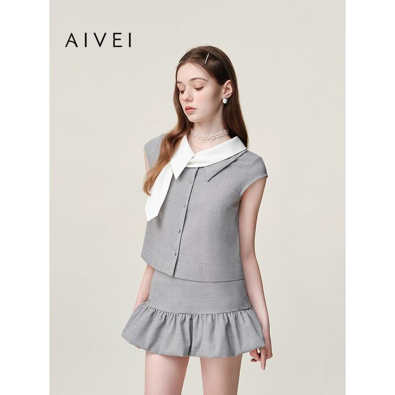 Aivei 2026 Summer New Sweet Asymmetrical Collar Short-Sleeve Jacket Top for Girls Xsv3S32B