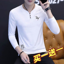 Mens long sleeve T-shirt pure cotton v collar spring and autumn thin body Shirt Clothes Autumn Clothes Outside Wearing Spring White Undershirt