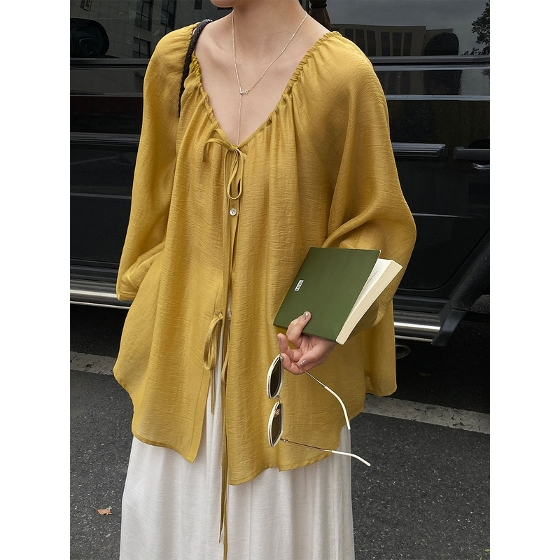 Lace-Up Reversible Tencel Shirt for Women, Oversized Sun-Protective Shirt, French Chic Top