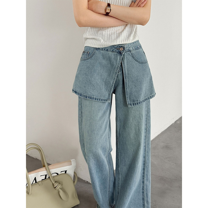 Detachable Flap Light Luxury Denim Jeans for Women, Japanese Style Straight Wide-Leg Pants, Old Money Style Pants, Extra-Long for Tall People