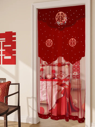 Marriage red door curtain with happy words, wedding room door, bedroom punch-free embroidery curtain, living room decoration, wedding supplies