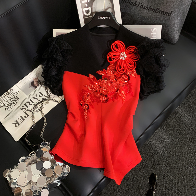 Zhouyi/Monday French-Style Three-Dimensional Floral Lace Puff Sleeve T-Shirt for Women, Red, Heavy Beading, Versatile, Slimming Top