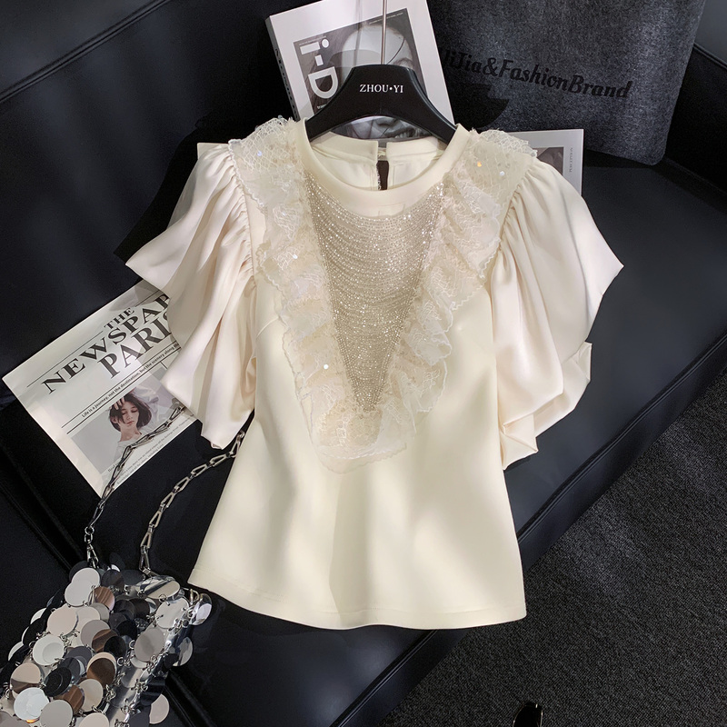 Zhouyi/Monday French-Style Ruffle Sleeve V-Neck Lace Ruffle Patchwork T-Shirt for Women, Slim Fit, Age-Reducing Top Zhouyi/Monday French-Style Ruffle Sleeve V-Neck Lace Ruffle Patchwork T-Shirt for Women, Slim Fit, Age-Reducing Top
