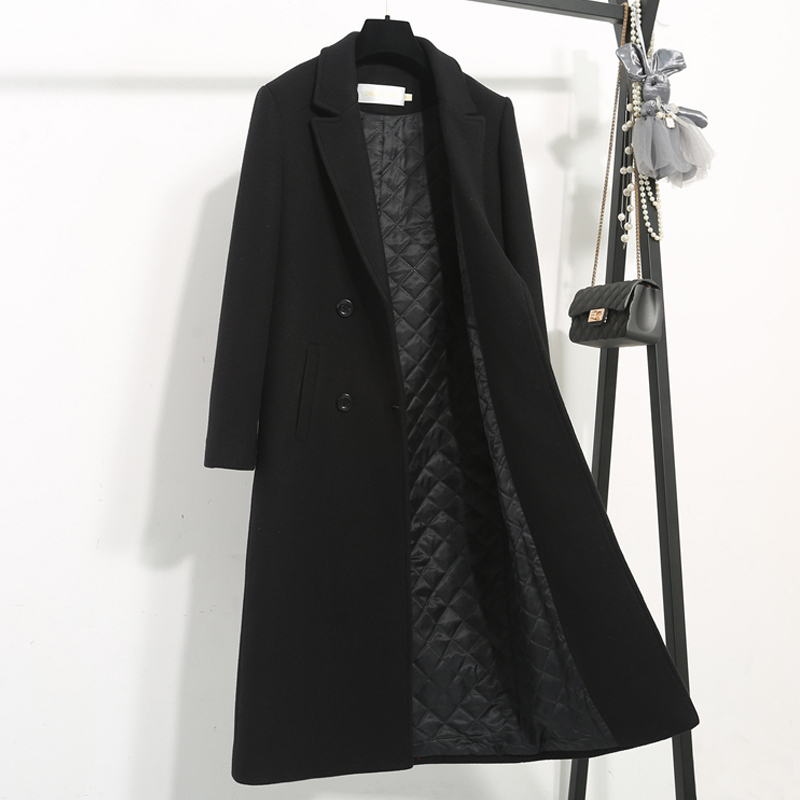 Black Woolen Blazer for Women, Winter Mid-Length, Padded, Slim-Fit, Professional Woolen Coat, Workwear, Thickened