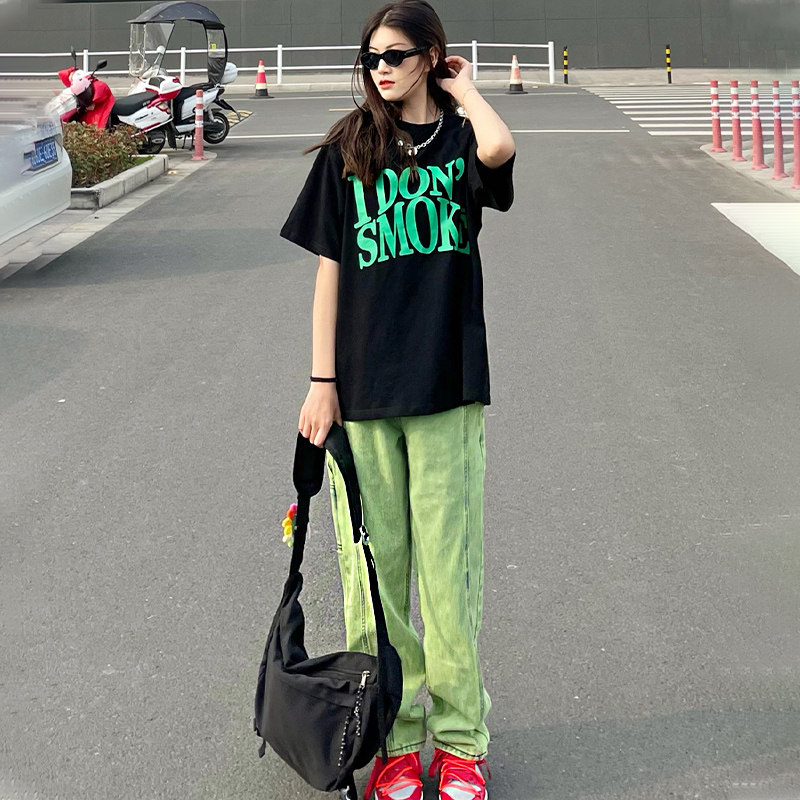 Green Jeans 2021 Summer Thin Country Tide Casual Hip Hop Hiphop American High Street Straight Pants Children