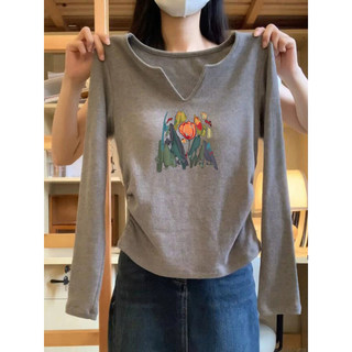 Gray V-Neck Long-Sleeved T-Shirt for Women, Early Autum 2025 New Style, Pure Cotton Inner Layer, Waist-Cinching, High-End Slim-Fitting Top