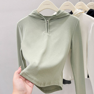 Half-Zip Hoodie Long-Sleeve T-Shirt for Women, Spring and Autumn 2025 New High-End Inner Layer Base Shirt, Slim-Fit Short Top