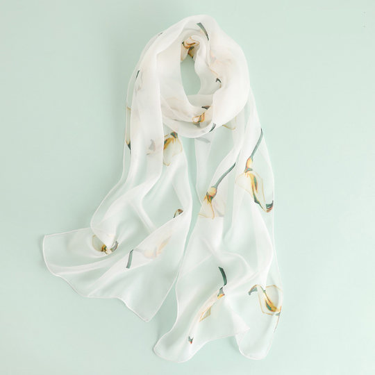 Silk Scarf, Small and Long, for Women, Summer Thin Style, White Mulberry Silk, Air-Conditioned Room Scarf, Spring and Autumn Gauze Scarf